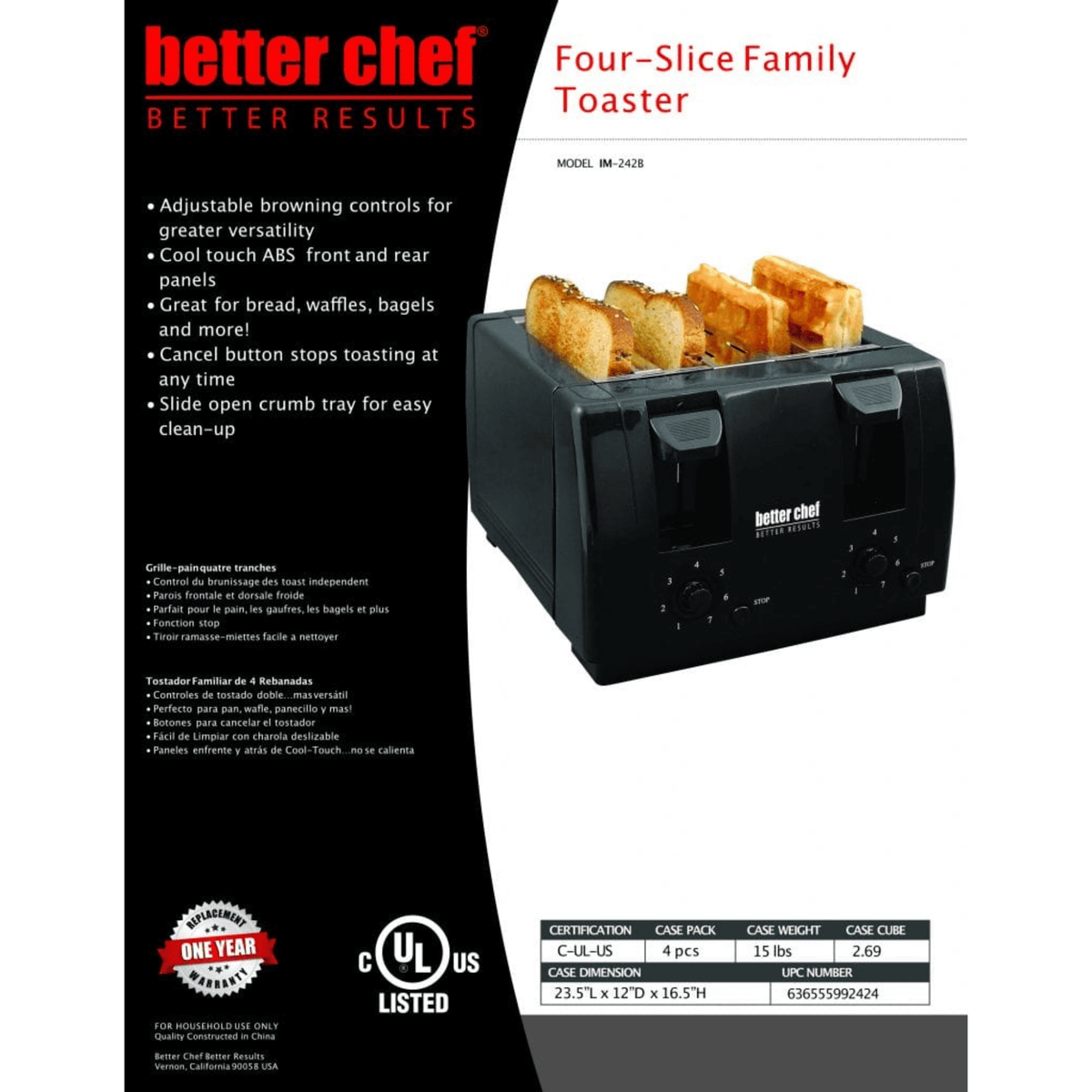 Better Chef Wide Slot 4-Slice Dual Control Toaster - REFURBISHED