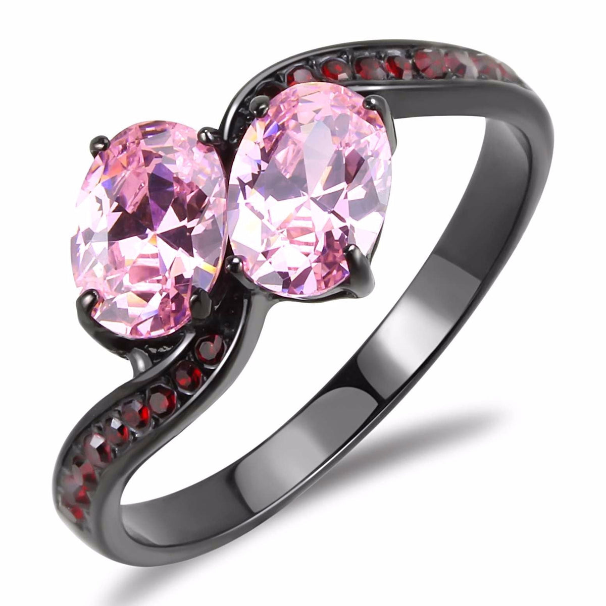 Two 0f 7x5mm Oval Cut Pink CZs Center Black IP Stainless Steel Cocktail Ring