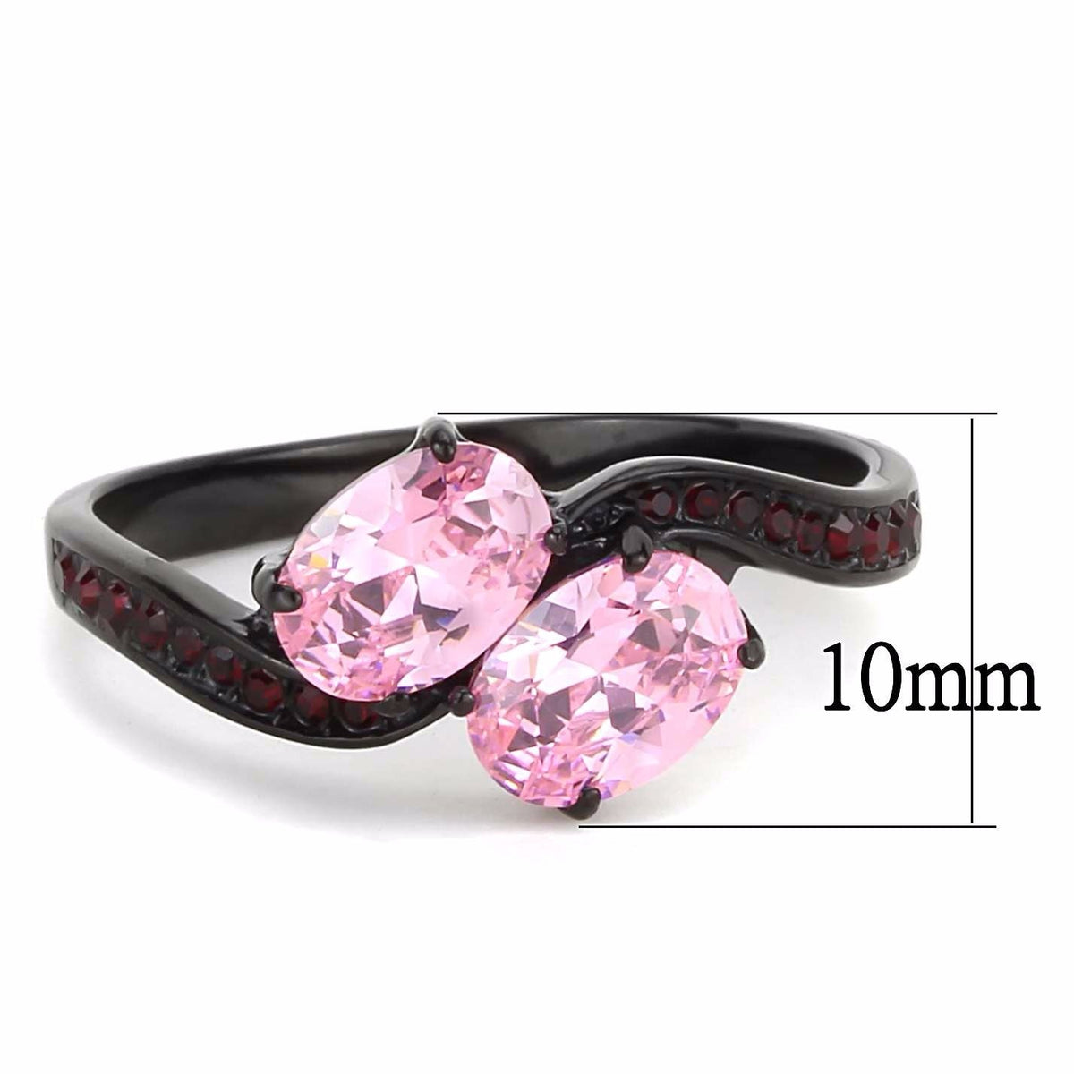 Two 0f 7x5mm Oval Cut Pink CZs Center Black IP Stainless Steel Cocktail Ring
