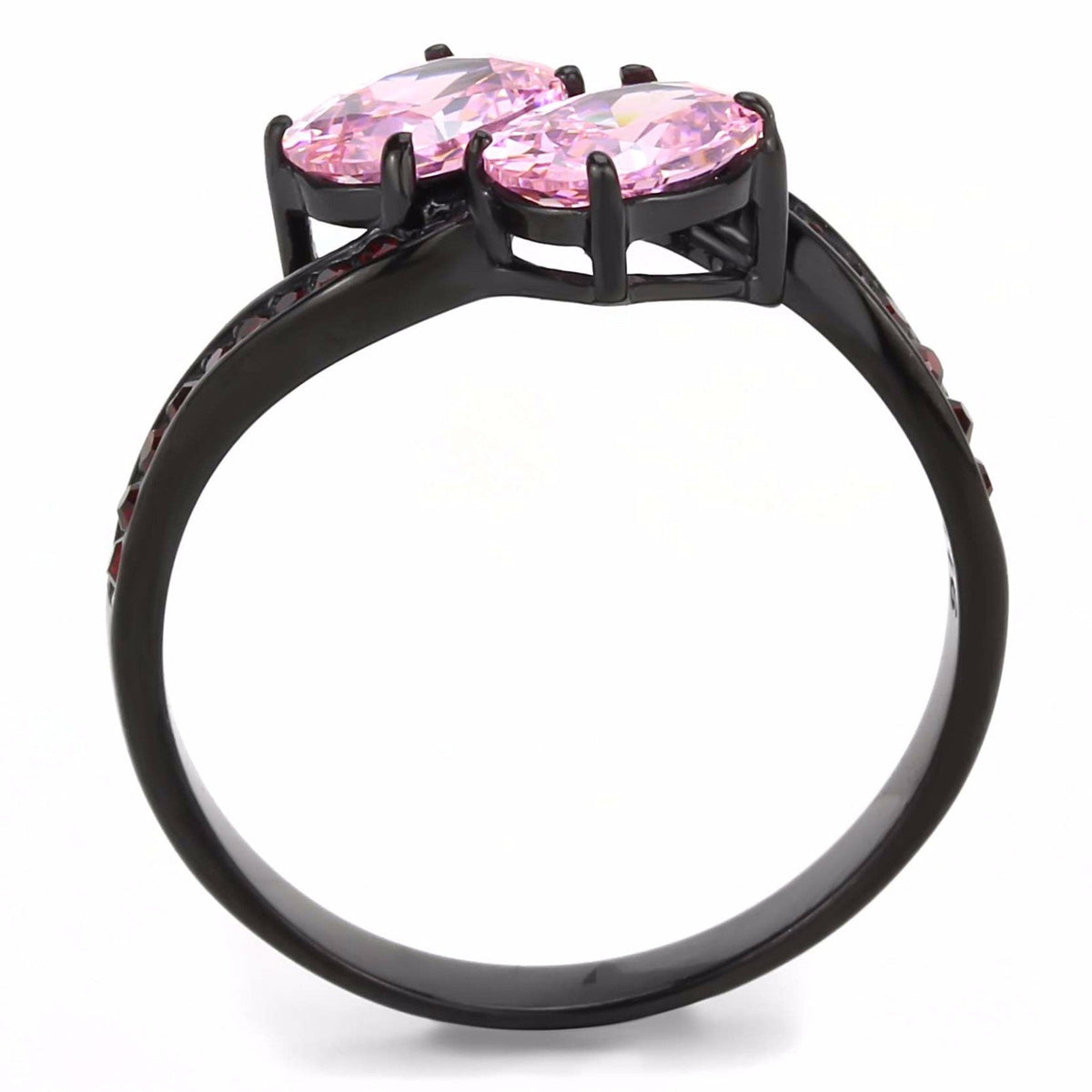 Two 0f 7x5mm Oval Cut Pink CZs Center Black IP Stainless Steel Cocktail Ring