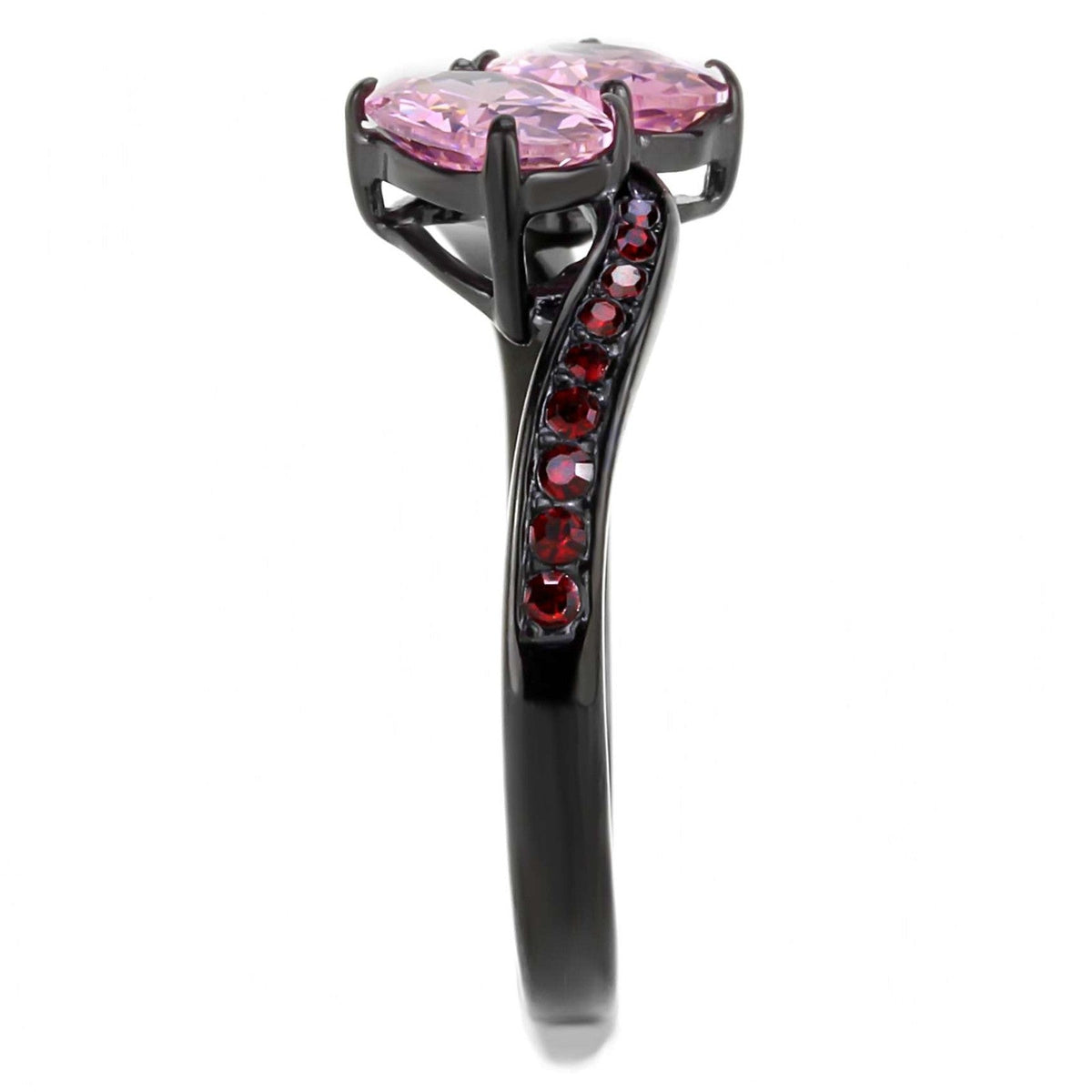 Two 0f 7x5mm Oval Cut Pink CZs Center Black IP Stainless Steel Cocktail Ring