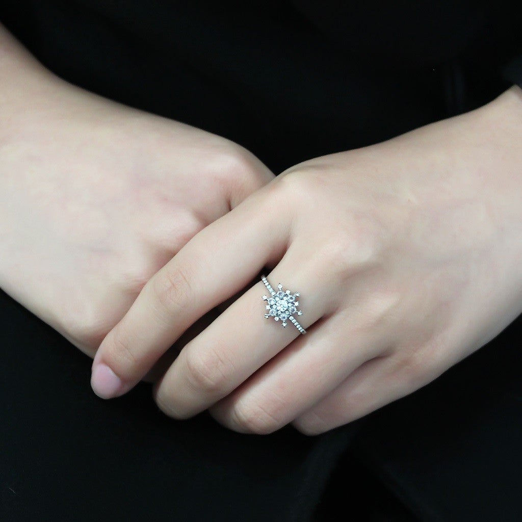 AAA Grade Clear CZ on Snowflake Shape Stainless Steel Womens Eternity Pave Thin Band