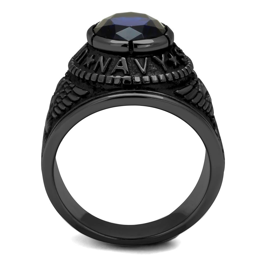Men's Black IP Stainless Steel Wide Band Navy Sapphire CZ Ring