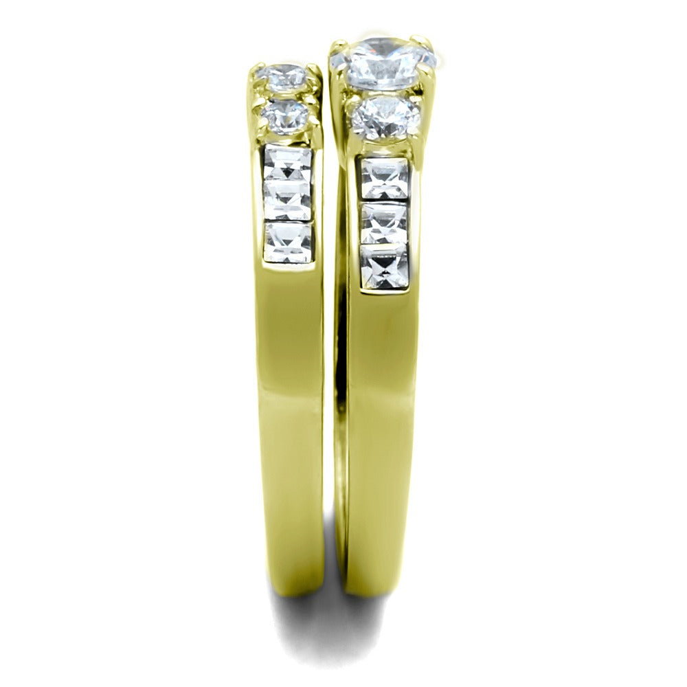 His Hers Couples Ring Set 14K Gold Plated Small Round CZ Wedding Ring Set Mens Matching Gold Plated Band