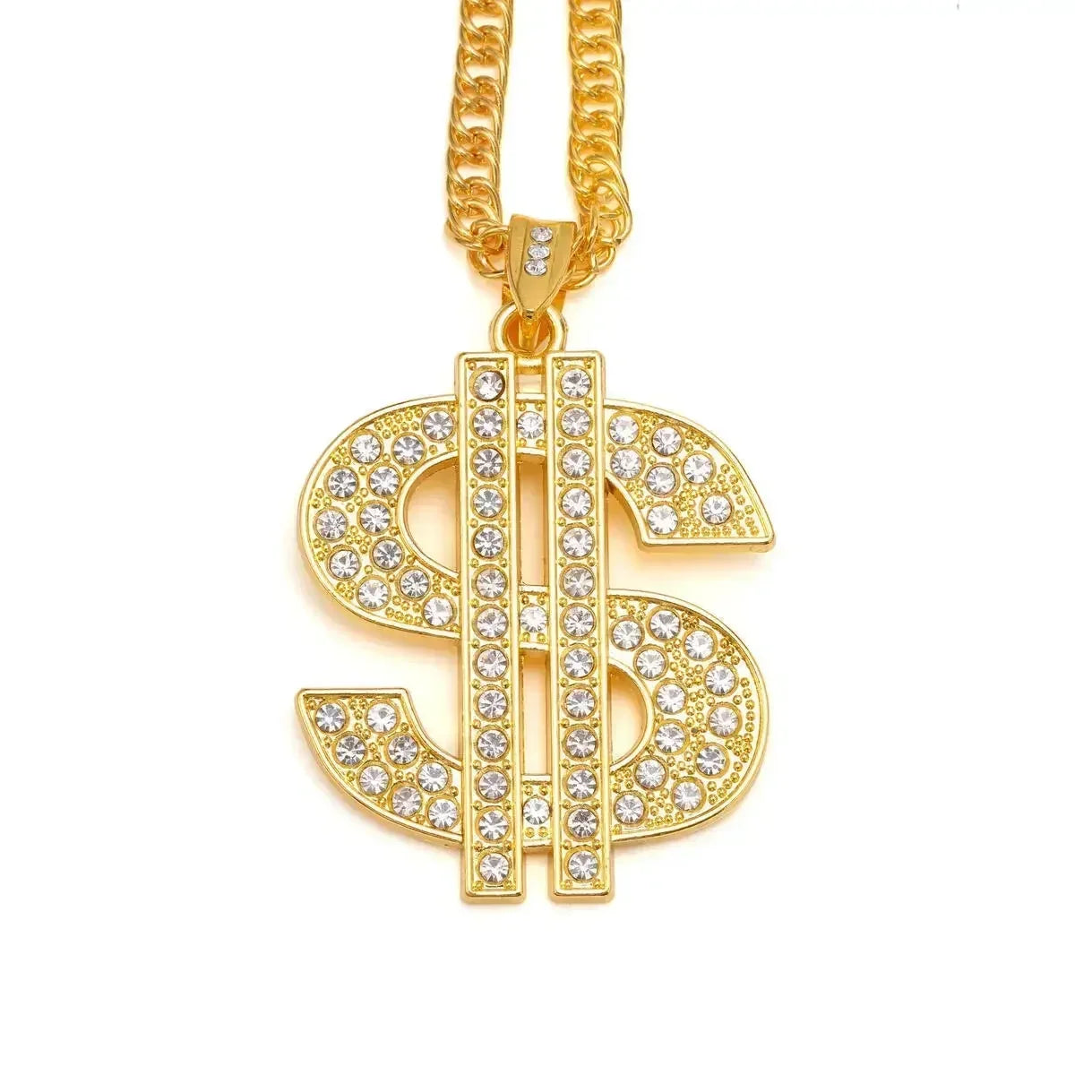 Men Gold Color Dollar Sign Necklaces with Cuban Chain,Hip Hop Money Dollar Pendant Collar, Music Festival Party Gifts Jewelry