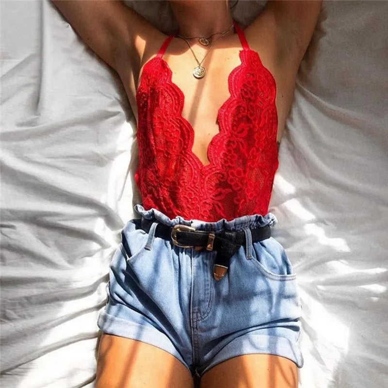 2024Women Sexy Backless Bodysuit Sleeveless Sexy Bodycon Tops Street Slim Fit Pantyhose Leotard Lace V-neck For Women ClubWear