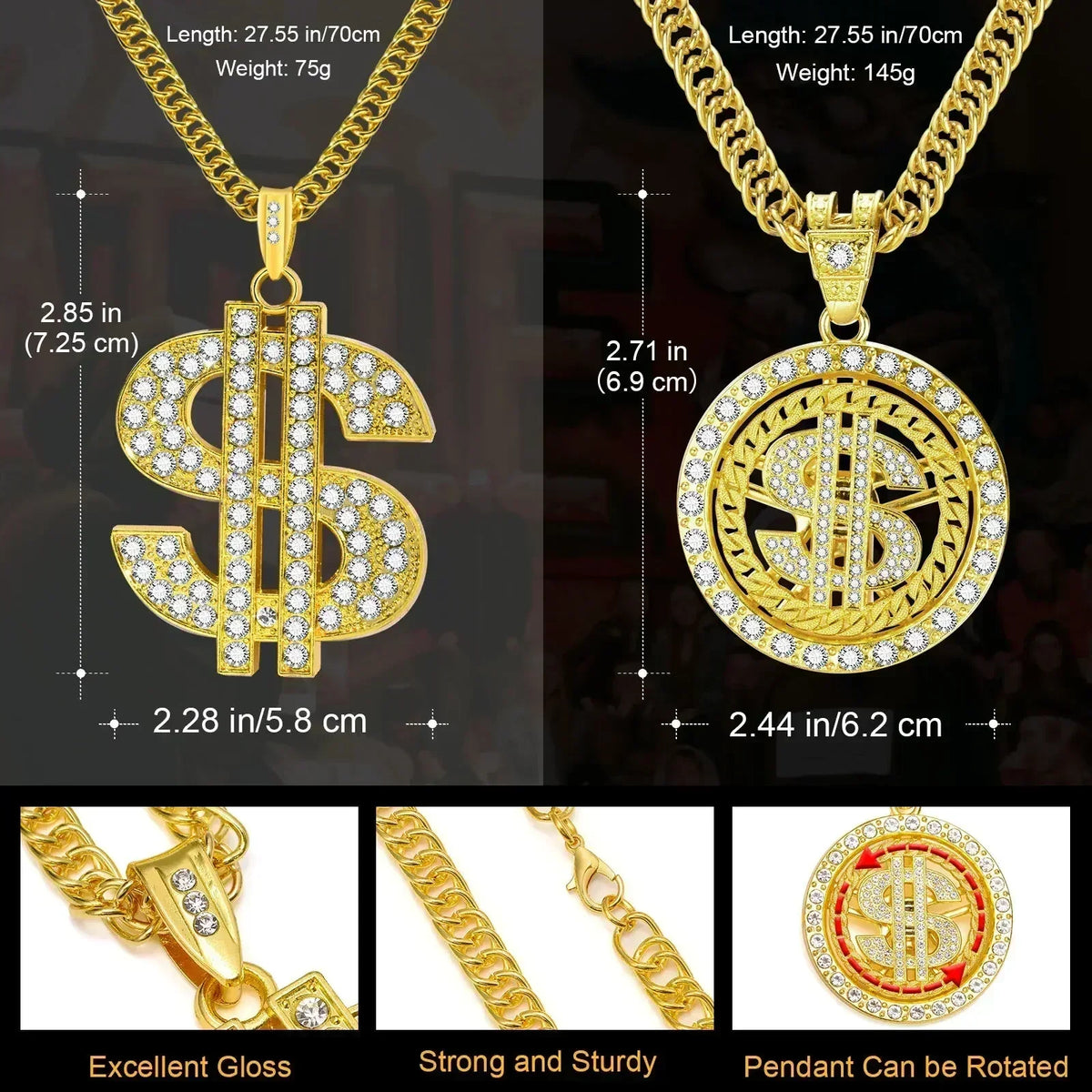 Men Gold Color Dollar Sign Necklaces with Cuban Chain,Hip Hop Money Dollar Pendant Collar, Music Festival Party Gifts Jewelry