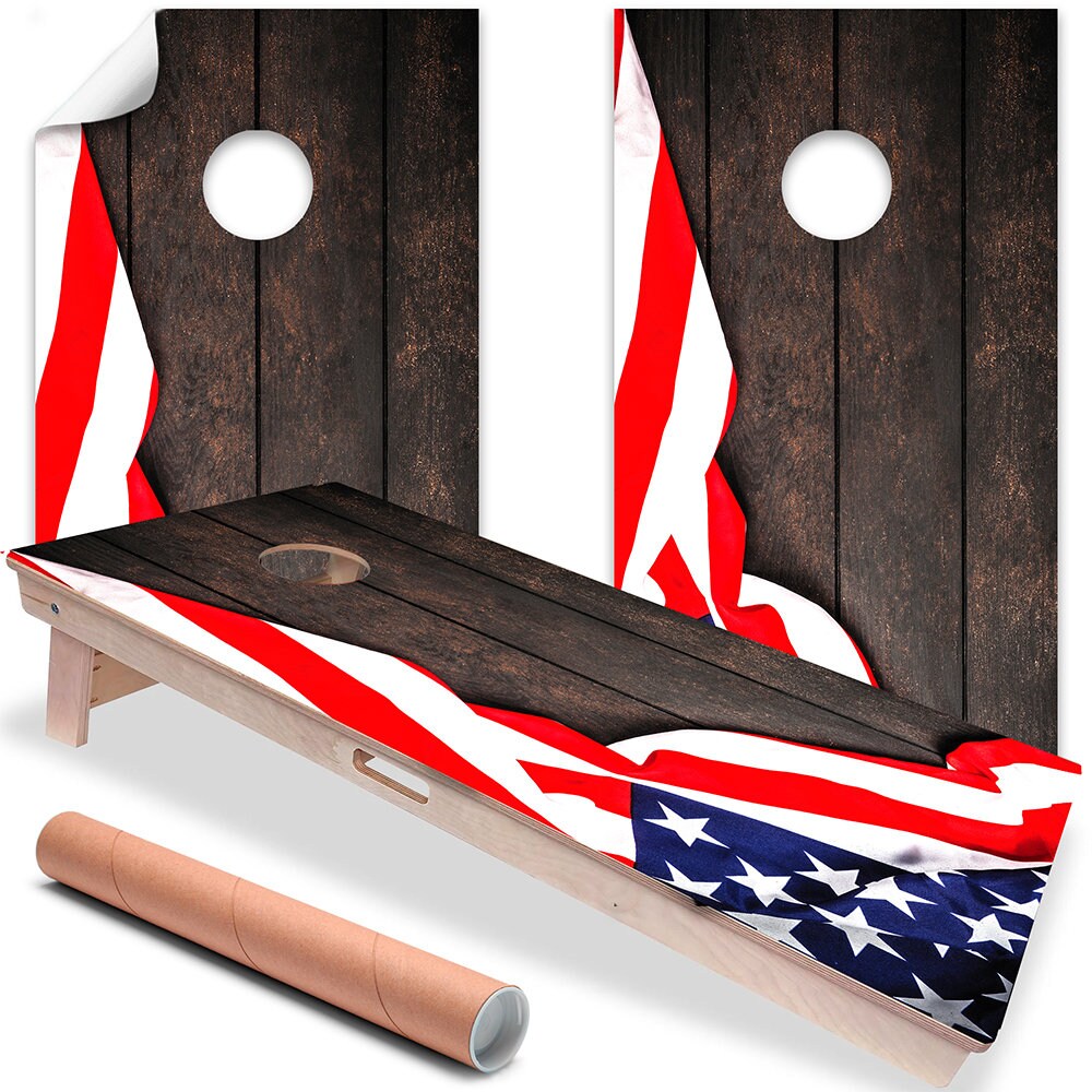 Flag on Dark Wood - Cornhole Board Wrap - Set of 2