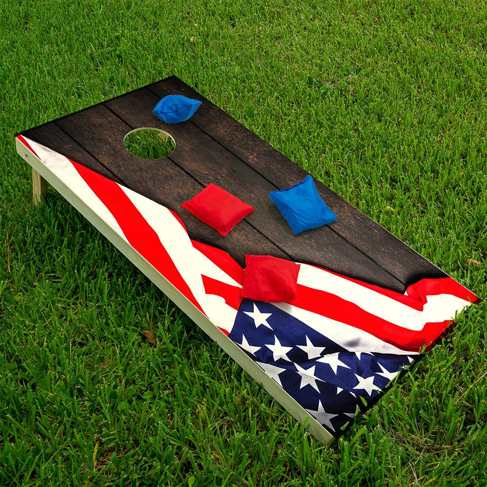 Flag on Dark Wood - Cornhole Board Wrap - Set of 2