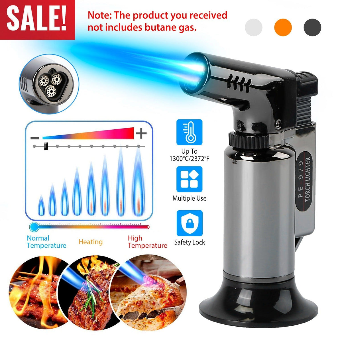 Culinary Butane Torch Lighter Refillable Blow Torch Flame Adjustable Flame Kitchen Cooking BBQ Torch w/ Fire Lock (Gas Not Included)