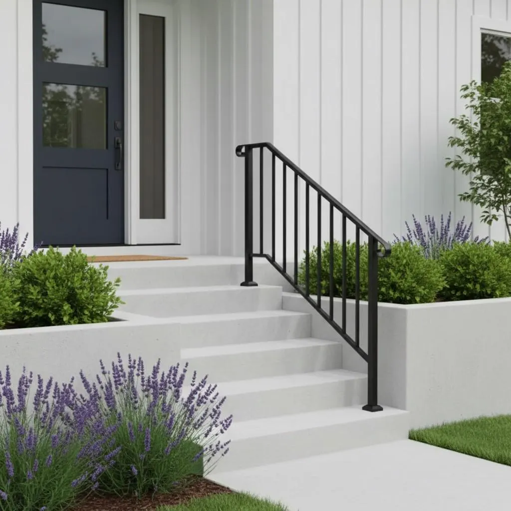 Outdoor Stair Handrail for 1–4 Steps, Adjustable Black Steel Railing