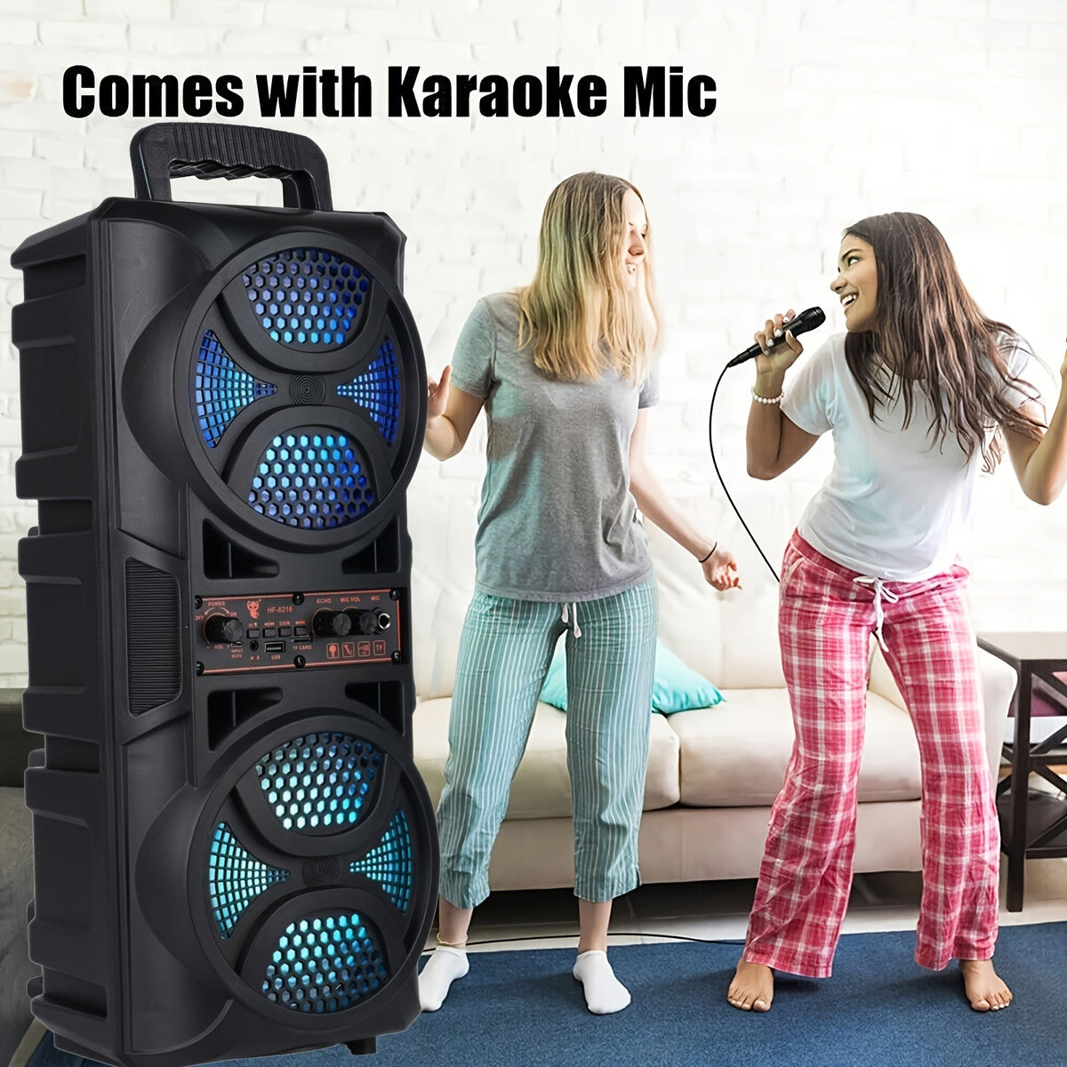 Portable Bluetooth Speaker with Subwoofer Bass, Dual 6.5" LED Woofers and Microphone