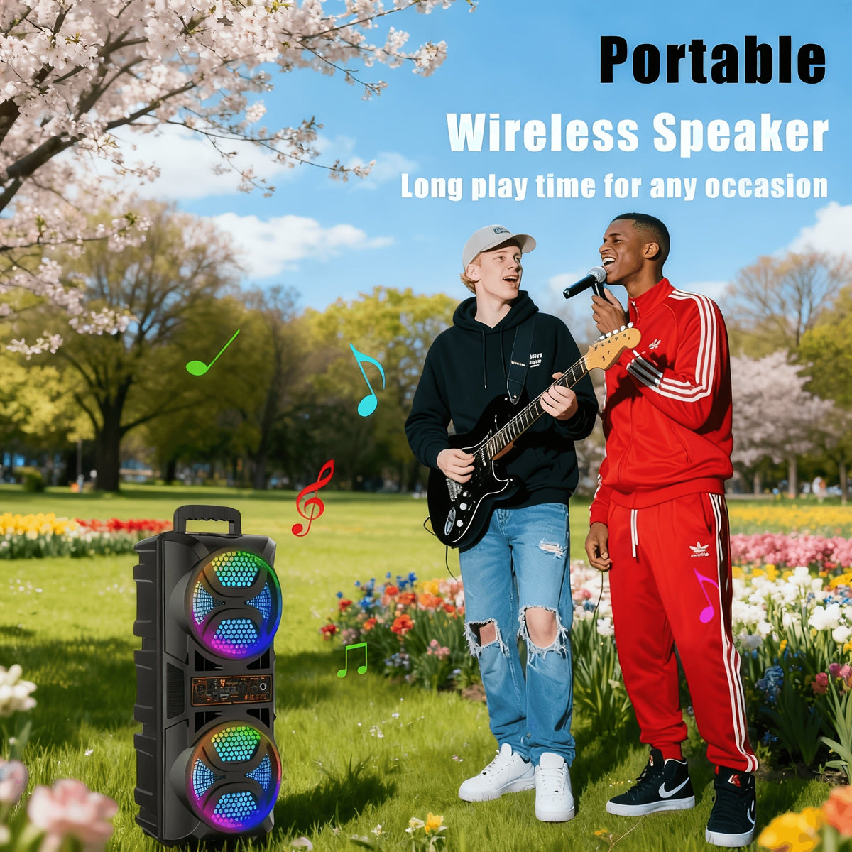 Portable Bluetooth Speaker with Subwoofer Bass, Dual 6.5" LED Woofers and Microphone