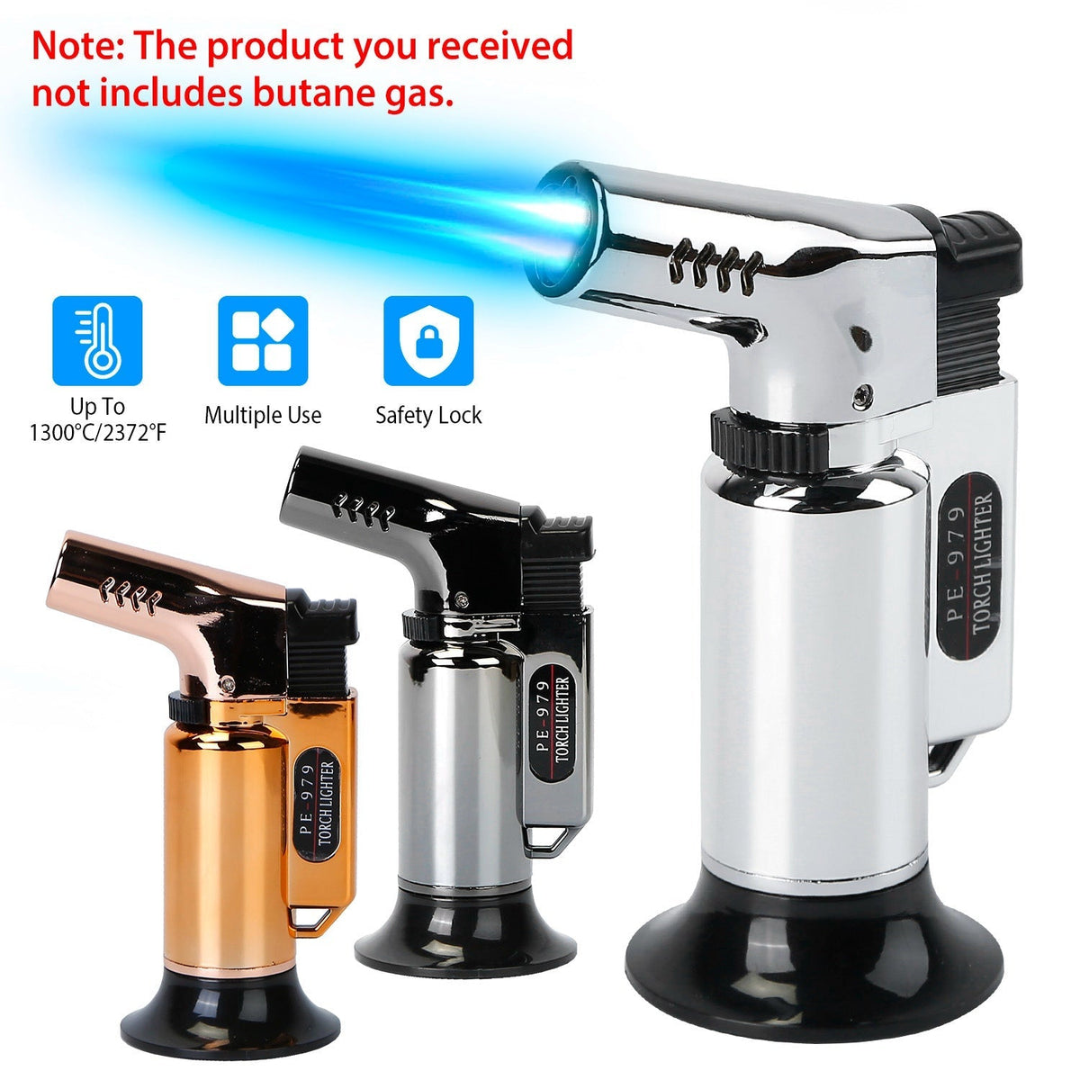 Culinary Butane Torch Lighter Refillable Blow Torch Flame Adjustable Flame Kitchen Cooking BBQ Torch w/ Fire Lock (Gas Not Included)