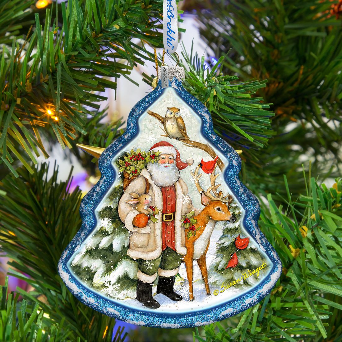 Santa in the Forest Glass Ornament by Susan Winget - Christmas Santa and Snowman Decor - 762-209-SW