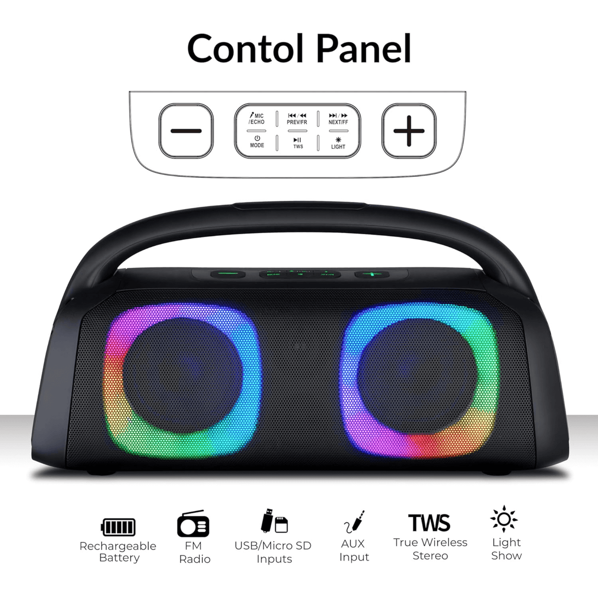 IQ Sound Portable Bluetooth Speaker with RGB Lights and TWS-Enhanced Stereo Sound