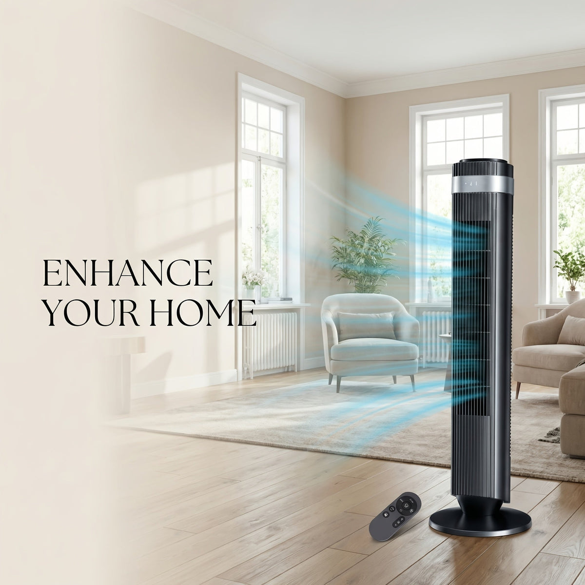 Tower Fan Bladeless 5 Speeds 4 Modes 64° Oscillating Quiet Remote 12H Timer