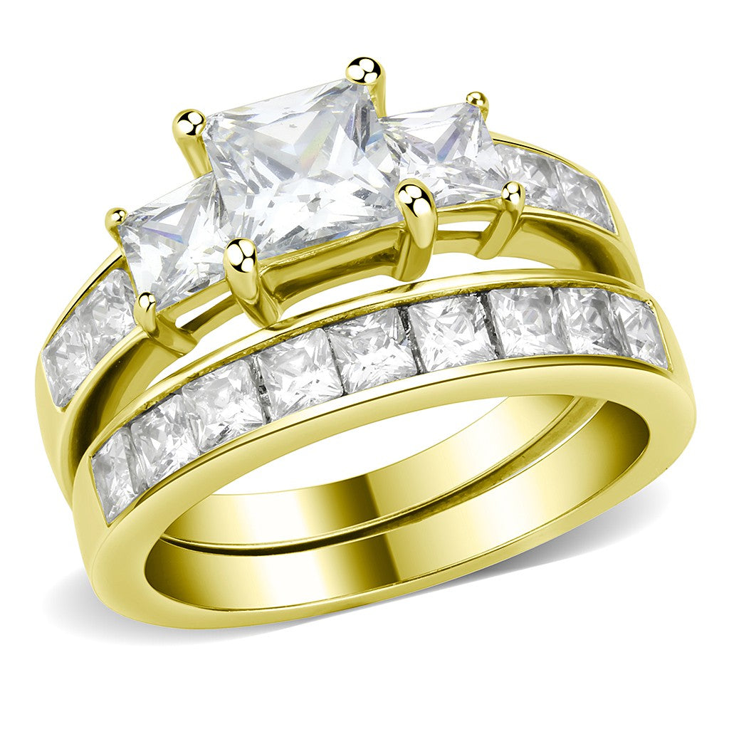 3 Stone Type 6mm Princess CZ 14K Gold Stainless Steel Wedding Ring Set
