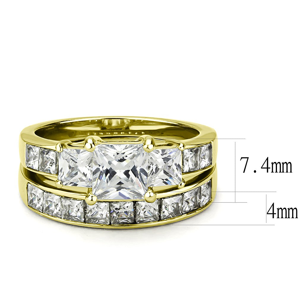 3 Stone Type 6mm Princess CZ 14K Gold Stainless Steel Wedding Ring Set