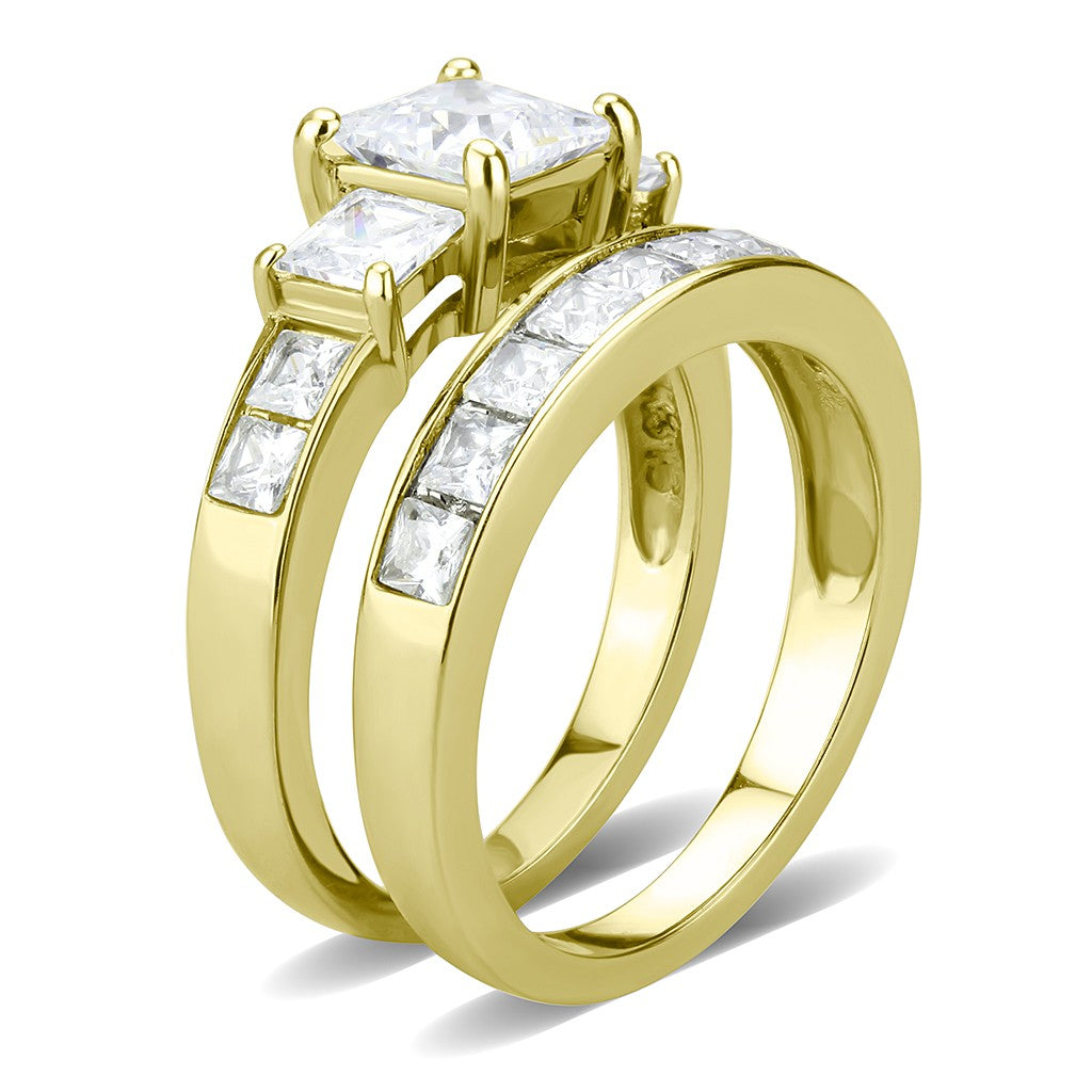 3 Stone Type 6mm Princess CZ 14K Gold Stainless Steel Wedding Ring Set