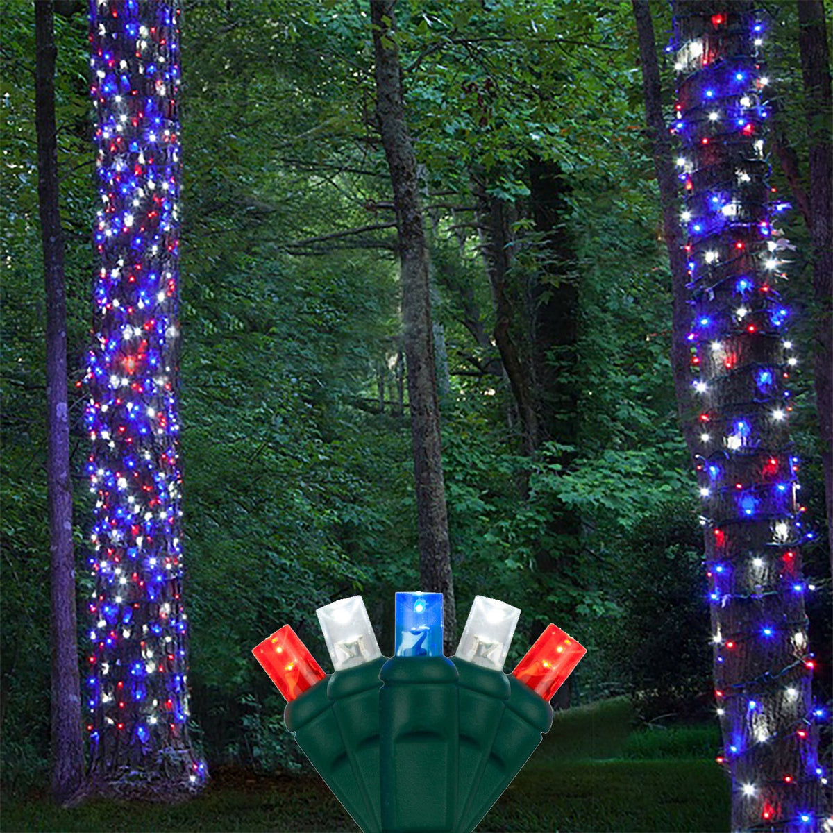 2 pack - 5mm - 100 ct - Red, White, Blue LED - 4" spacing - Green wire - 33 ft long