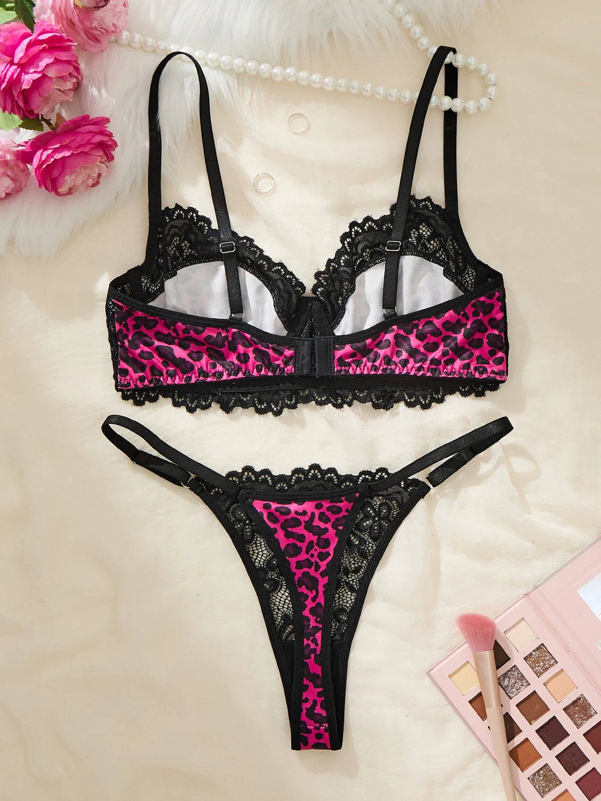 Hot Pink Leopard Print Lace Lingerie Set Underwire Bra With Matching Thong Women Sexy Intimates ZA825182