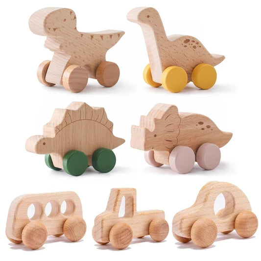 Beech Wood Cartoon Dinosaur Car Teether Montessori Wooden Baby Toy for Teething & Grip Development