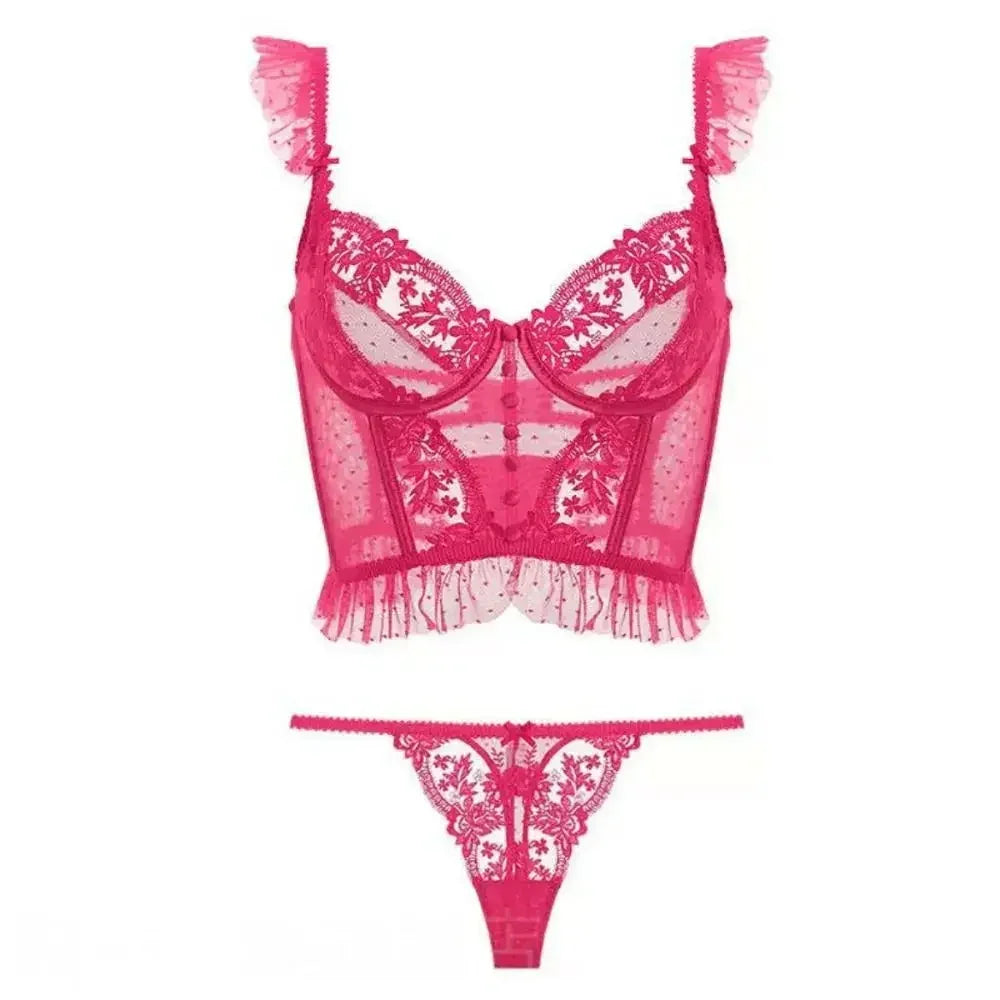 Fashion Comfortable Lace Lingerie with Steel Ring Wrapped Chest Top Bra and Panty Set Sexy Intimates Supply Underwire Female