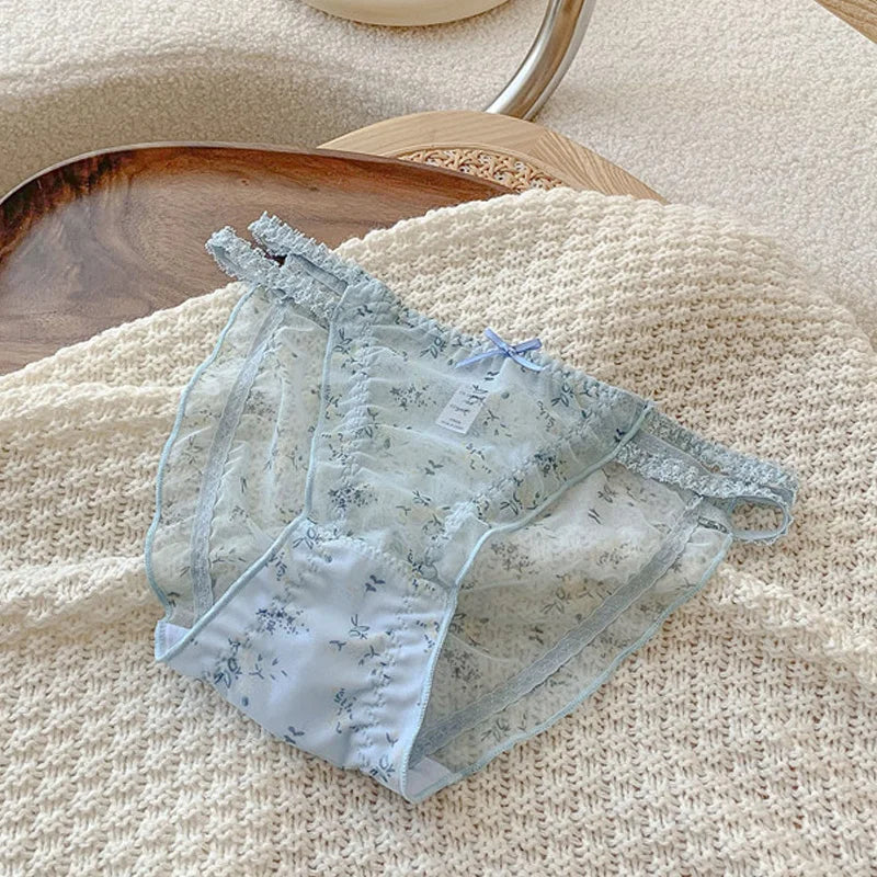 Women's panties  Cross waistband Hipsters Low Rise Lace Strappy Panties Transparent Mesh Floral Pattern Sweet Bowknot sexy femal