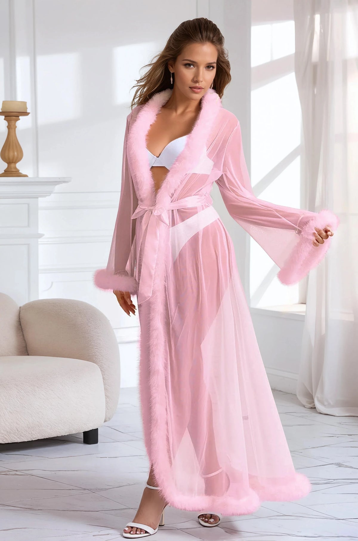 Sexy Mesh and Faux Fur Trim Robe