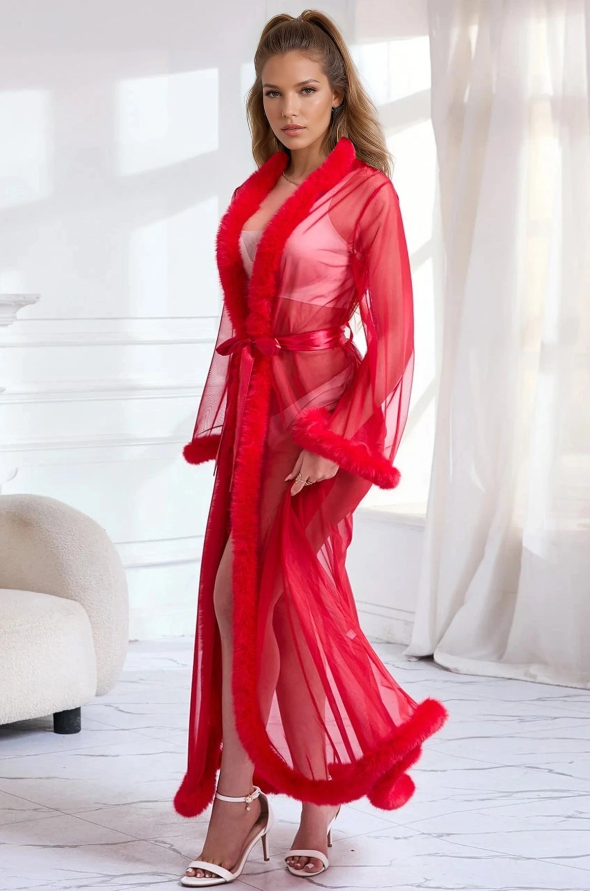 Sexy Mesh and Faux Fur Trim Robe