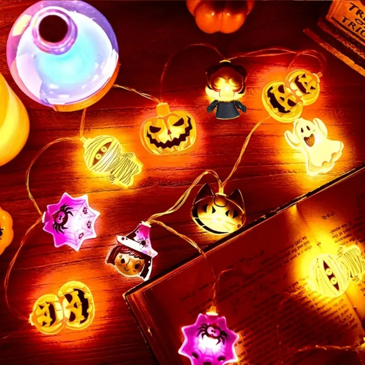 1PC Halloween 10/20 LED Battery Powered String Lights With Ghost Witch Cat Pumpkin Spider Web Skeleton Mummy Pirate Shape Indoor