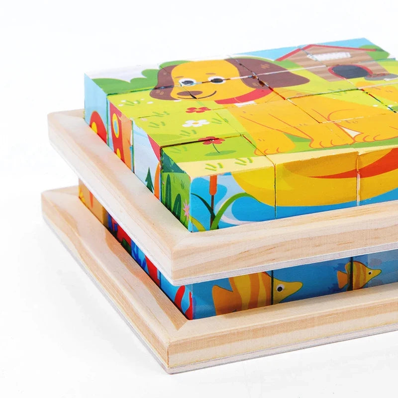 Wooden Six-Sided Animal Matching Puzzle Blocks Set – Montessori Early Learning Toy (Ages 3+)
