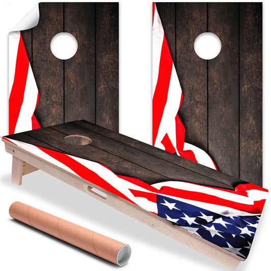 American Flag on Dark Wood - Cornhole Board Wrap - Set of 2
