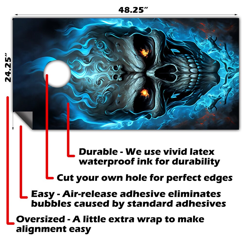 Blue Flaming Skull - Cornhole Board Wrap - Set of 2